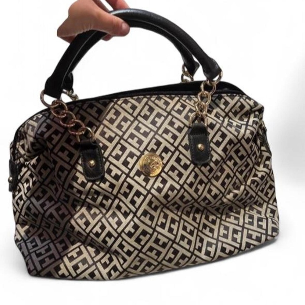 Tommy Hilfiger Monogram Jacquard Satchel Bag Black Beige Gold Chain Accent
